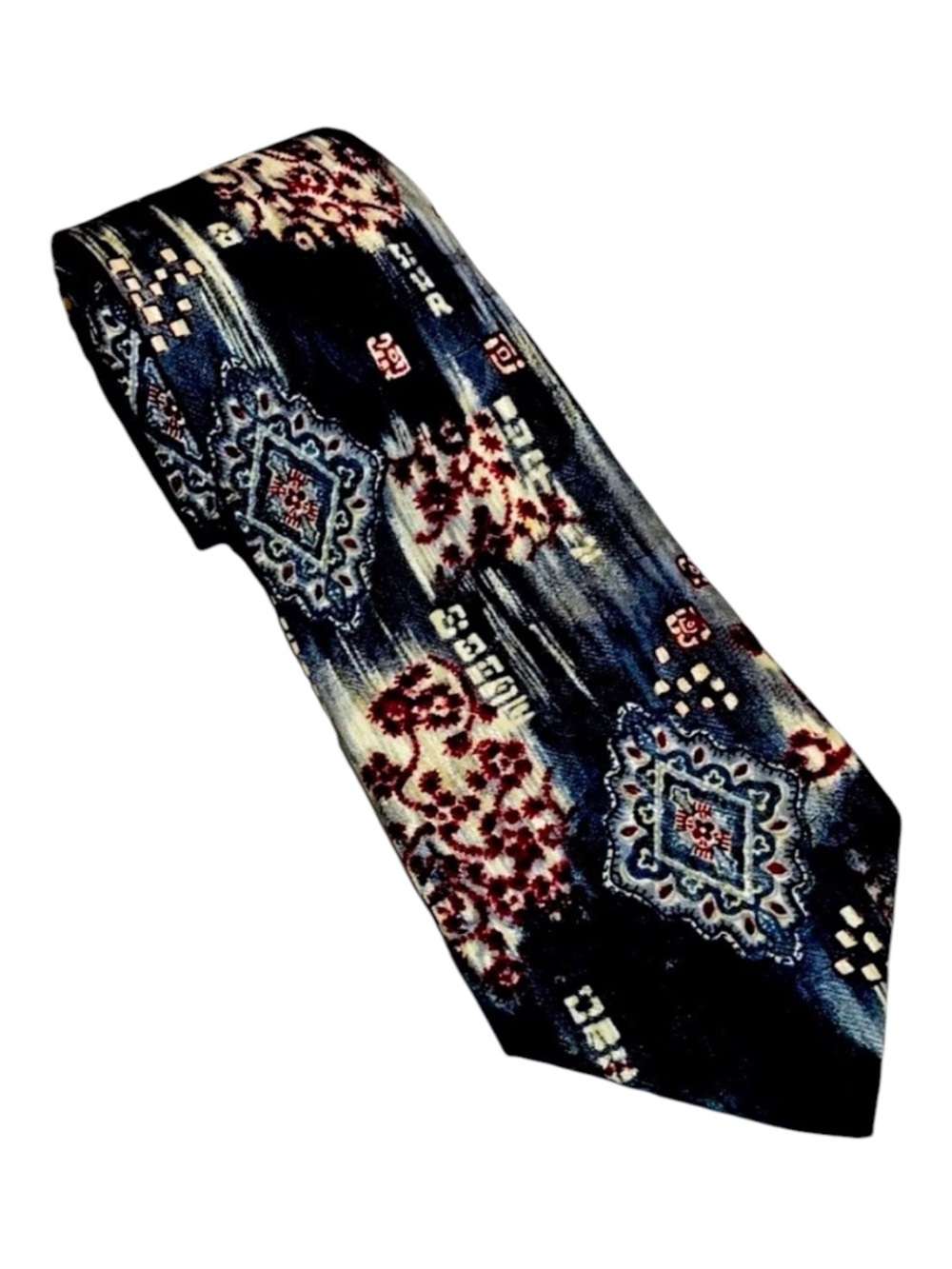 Villa Bugatti Men’s 100% Silk Tie Gray Burgundy Black Abstract Print 57”